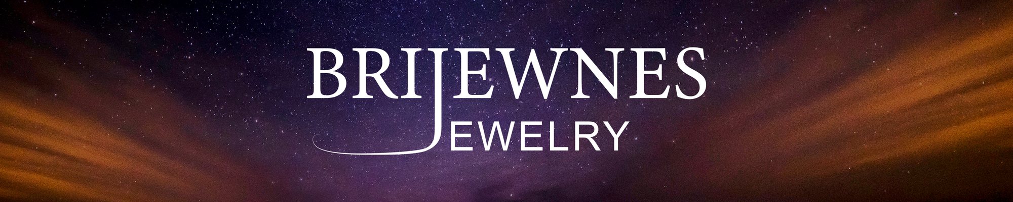 BRIJEWNES JEWELRY wordmark on a dark purple and orange brand banner